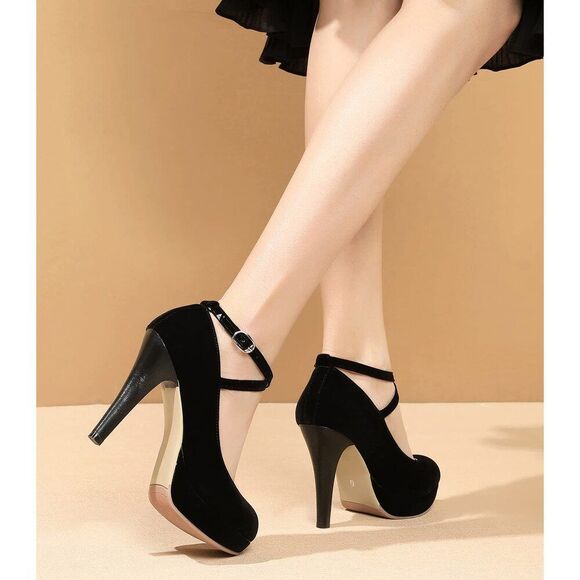 Black Heels For Women Strappy Closed Toe Platform High Heels Pumps Sexy Vintage - Picture 9 of 9